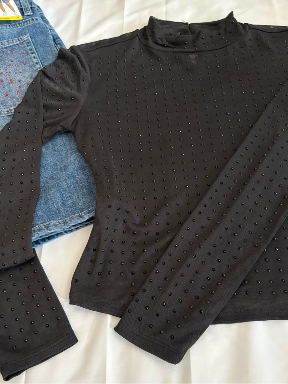 Black Studded Mock Neck Women’s Top M 8-10 Lined front Sheer long Sleeve Party 🎈